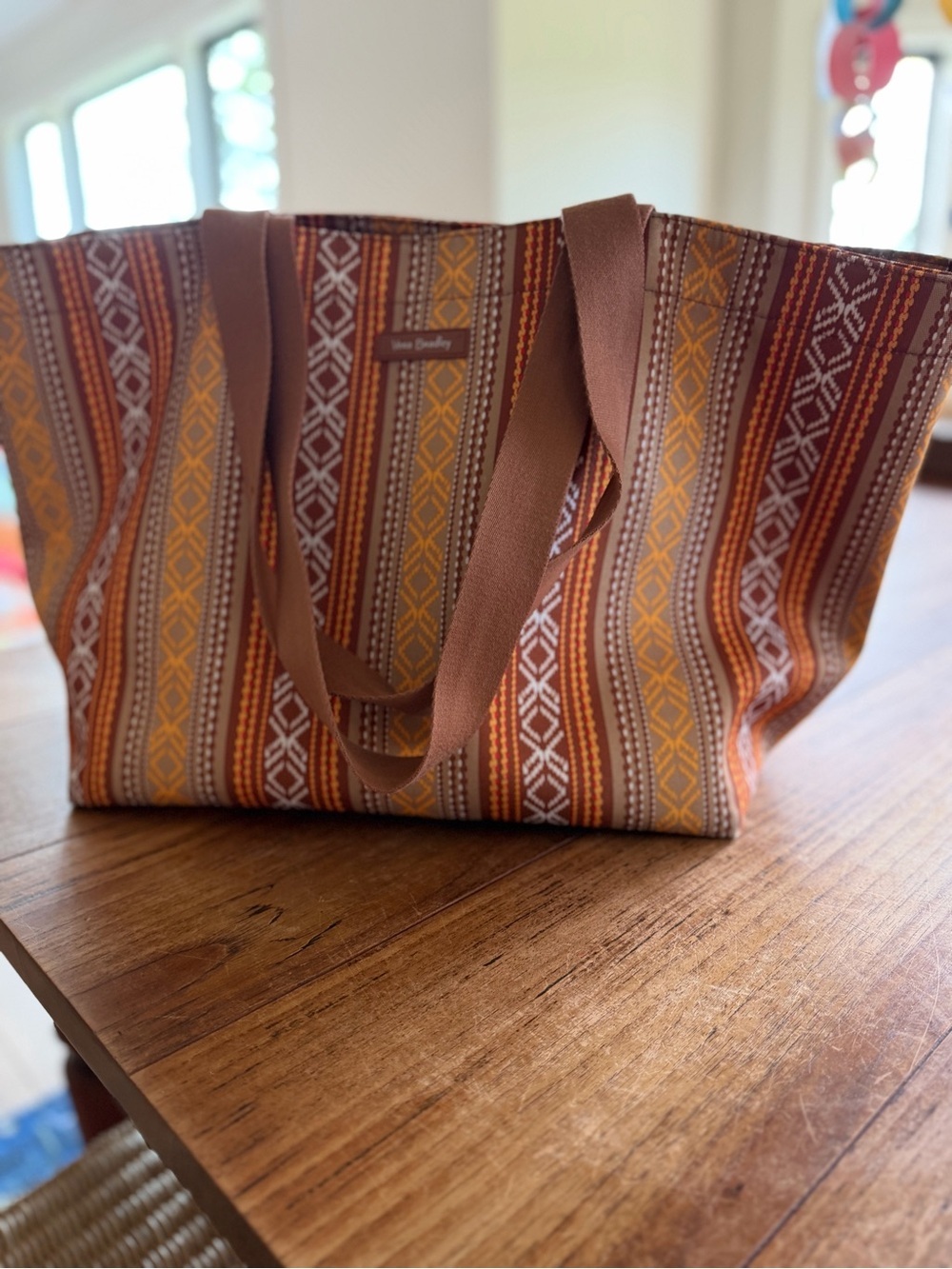 Vera Bradley Brown, Orange Tan Striped Woven Tote XLarge Travel